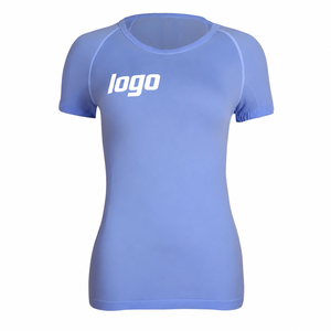 T-shirt sportif pour femme, bleu, manches courtes, col rond, coupe ajustée, séchage rapide, tricoté en polyester, logo imprimé, printemps été - Product Image 1