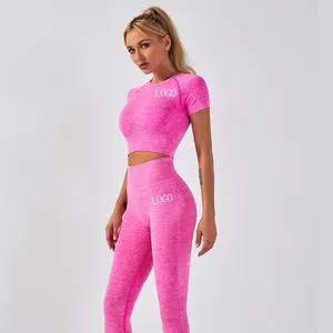 leggings esportivos mulheres rosa Suppliers-Rosa Mulheres Apertadas Sem Costura Conjuntos de Yoga Ginásio Roupas de Fitness Leggings Cropped Camisas Esporte Terno Agasalho de Manga Curta Desgaste Ativo