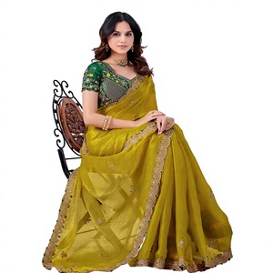 Sari indien traditionnel en soie de chiffon RN, vert, avec blouse brodée et dupatta jaune, pour mariage et fêtes, longueur standard pour femme - Product Image 1