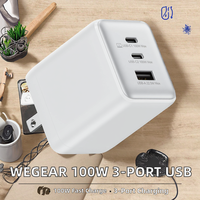 Chargeur mural compact pliable Wegear 100W Gan USB-C/USB-A 3 ports PPS PD à charge rapide OTP/OVP OCP pour ordinateur portable, téléphone portable, appareil photo