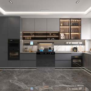 Meuble de cuisine moderne avec charnières à fermeture amortie, glissières de tiroir, robinet, panneau de cuisine pour villas, marbre artificiel - Product Image 2