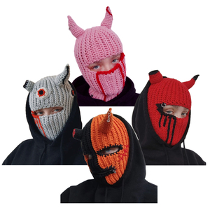 FF708 Bonnet en tricot, bonnet d'hiver chaud, couvre-visage complet, masque de <span class=keywords><strong>ski</strong></span> coupe-vent d'hiver, masque de <span class=keywords><strong>ski</strong></span> drôle avec cornes, balaclava en tricot - Product Image 1