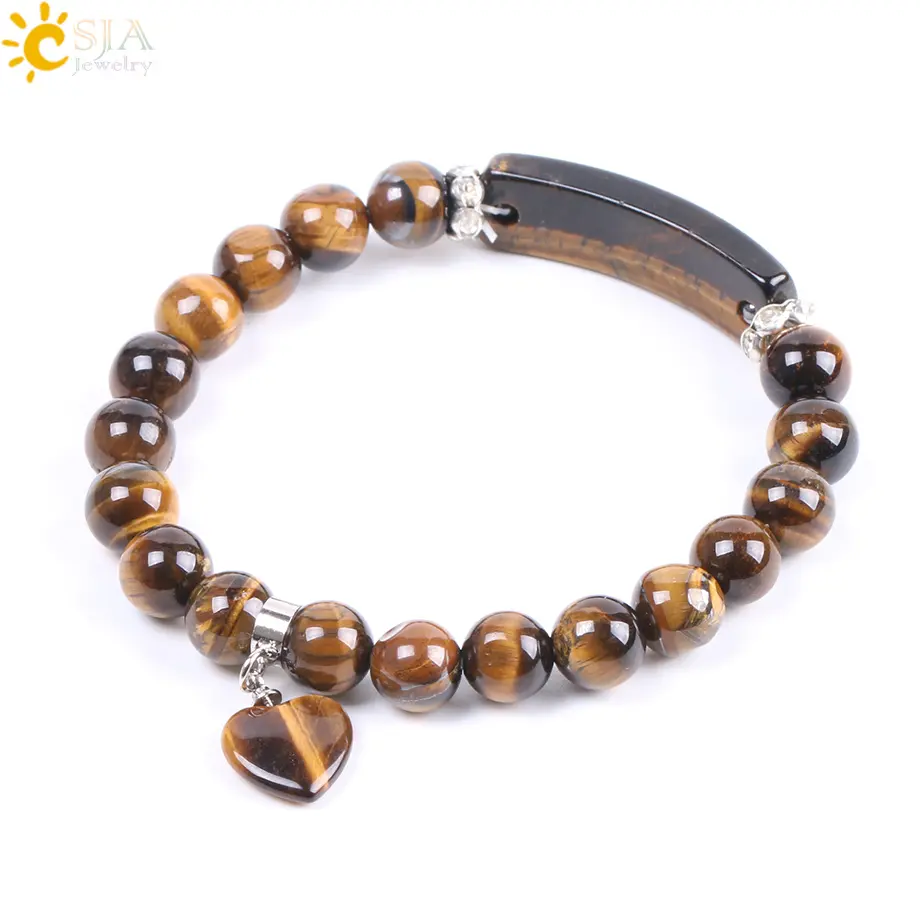 CSJA wholesale stretch bracelet energy natural healing crystal stone beads heart charm tiger eye men bracelet F105