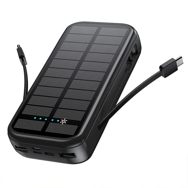 Outdoor Emergency Solar Charging Treasure 16000mAh PD20W Large Capacity Multifunction Power Bank with Built-in Cable