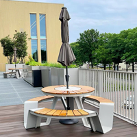 Ensemble de table et chaises de pique-nique d'extérieur en acier inoxydable et teck, intégré, circulaire, pour parc, usage commercial
