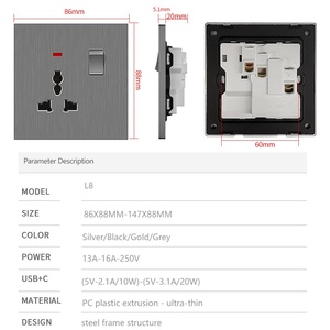 <strong>PC</strong> Brushed Silver 86 Type Universal Wall Socket Factory Good Quality Switch Socket Electric Wall Switches - Product Image 6