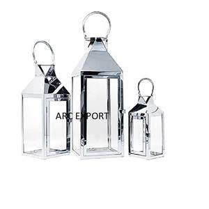 Shiny Polished Silver Steel Metal Glass Hanging <b>Lanterns</b> <b>Set</b> 3 Different Sizes Unique Christmas Decoration Stylish Designer - Product Image 3