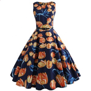 MANNI Flower Print Sleeveless Swing Skirt Yellow <strong>70s</strong> Lady Vintage Casual Dress <strong>Women</strong> Midi Dress Retro - Product Image 3