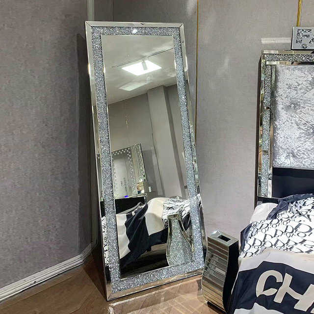 Modern Large Floor Standing Diamond Decorative Dressing Mirror Wooden Broken Diamond square with LED Light Design Floor Mirror