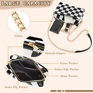 Bolso de Hombro al por Mayor con Correa de Cadena, Cuero Personalizado a Cuadros Blanco y Negro, Bandolera para Mujer, Mini Bolso Cuadrado - Product Image 4