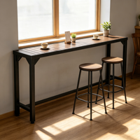 Console industrielle longue en bois de noyer foncé avec plateau à lattes et structure en métal noir mat pour entrée, canapé, maison, café
