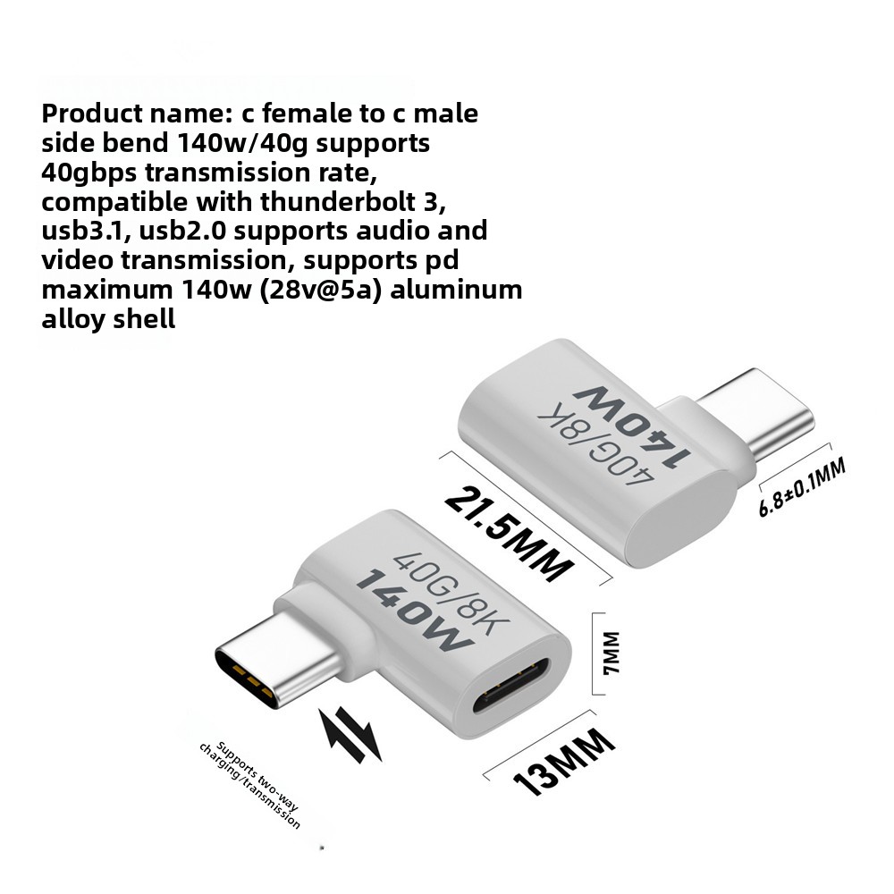 Adaptador USB-C macho (ángulo lateral) a USB-C hembra.