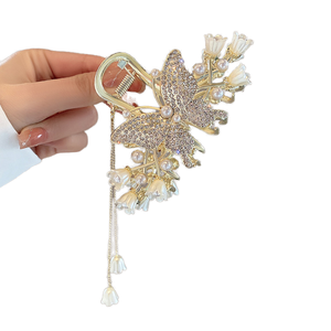 Pinza de Pelo Grande con Borla de Mariposa y Flor Elegante, Clip de Pelo Tipo Tiburón para Mujer, Accesorios para el Cabello para Bodas de Verano, para Cabello Grueso - Product Image 1