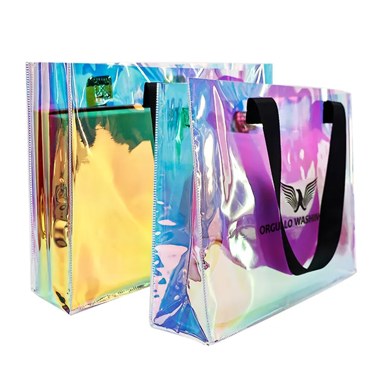 Custom Logo Reusable Pink Holographic Metallic Shiny Laminated Non Woven Iridescent Gift Tote Non-woven Shopping Bag With Logo