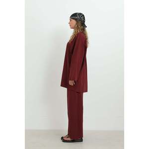 LOREEN Women's Burgundy Button Detail Oversize Shirt & <b>Trousers</b> Set, Two-Piece Casual Long Sleeve Outfit, Model 20694TKS - Product Image 2