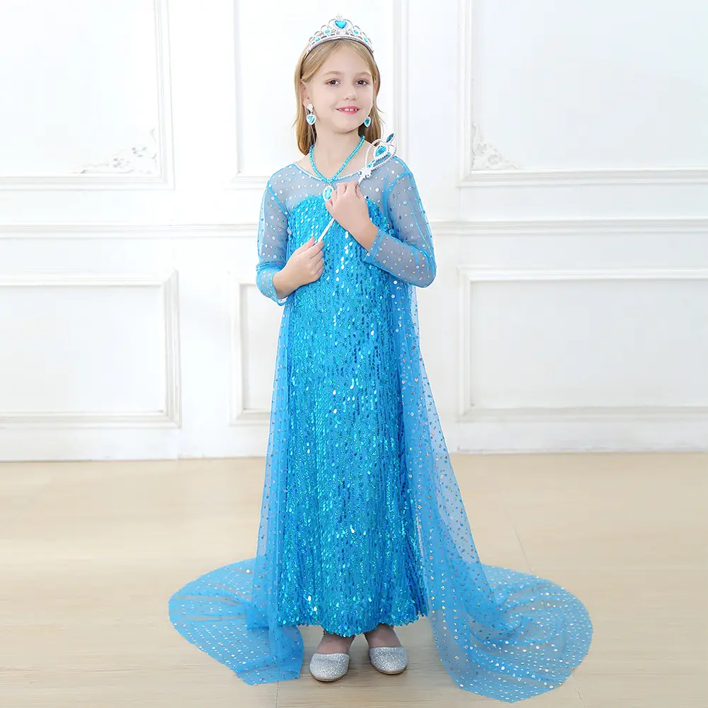 Kids Blue Sequin Movie Jurk Up Stijl Straight Baby Meisje Sneeuw Queen Party Wear Jurk Elsa Kostuum Cosplay