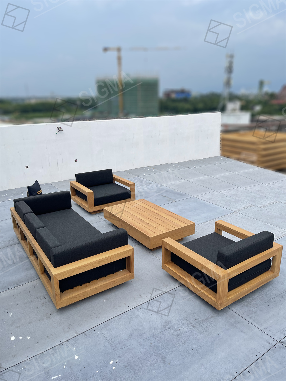 Custom All Weather Luxury Factory Patio Furniture Pool Garden Wood Outdoor All Weather Fabric Teak Wooden Sofa