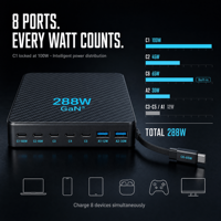 Chargeur de bureau 288W GaN 8-en-1 6C2A, station de charge rapide PD 100W PPS pour MacBook, iPhone, Samsung, produit très vendu
