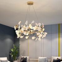 Lustre moderne en cuivre à feuilles de Ginkgo LED, décoration d'intérieur, anneau doré, anneau circulaire en céramique blanche, luminaire suspendu pour table à manger