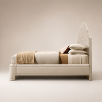 Lit avec tête de lit Portman capitonnée en tissu moderne de luxe, fabriqué à la main, avec rangement, cadre en bois écologique et rembourré pour chambre à coucher