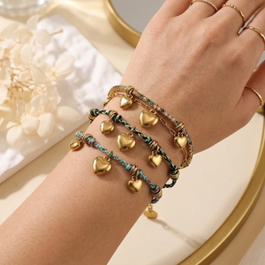 Pulseras Vintage de Acero Inoxidable, Pulsera Tejida de Doble Capa con Corazón de Durazno para Mujer, Hecha a Mano con Cuerda de Algodón Colorida de Estilo Bohemio - Product Image 1
