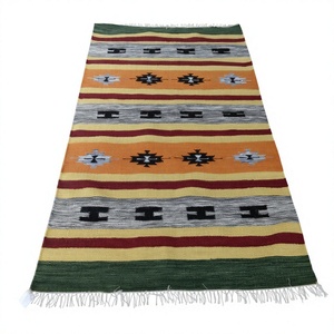 Handmade Geometric Pattern Flat <b>Weave</b> Wool Acrylic Area Rug Rectangle Bohemian Style Living Room Decor Green Yellow Red Gray - Product Image 1