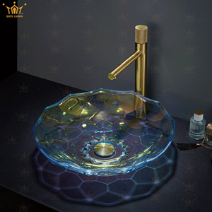 Modern Design <strong>Gold</strong>-E Edge Mounted Glass Bathroom Vanity Basin <strong>Crystal</strong> Wash Basin Diamond Pattern Polished Processed for Washroom - Product Image 5