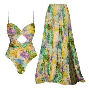 Ensembles 2 pièces évidés pour femmes, imprimés encre verte, maillots de bain d'été, robes de plage froncées avec étoiles de mer dorées pour les vacances - Product Image 5