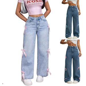 J60-2 <span class=keywords><strong>Jean</strong></span> large pour femme au design chic, avec nœud décoratif, coupe droite, en denim délavé, taille haute, décontracté - Product Image 2