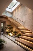 Escalier intérieur courbé avec bande lumineuse LED et main courante en verre pour résidence