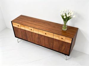 Premium Mid Century Modern Solid Wood <b>Sideboard</b> Large <b>Storage</b> Vintage Walnut Credenza With Metal Legs Retro Buffet Cabinet - Product Image 2