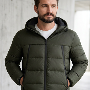 Custom Men's Gray Puffer Jacket Hooded Collar Zipper Closure <b>Waterproof</b> Eco-Friendly Polyester Winter Casual Wear Anti-UV - Product Image 1