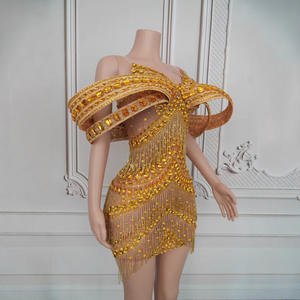 JX402 أنيق ذهبي حمالة حجر الراين الكريستال الديكور شبكة أرضية طول فستان حفلة موسيقية طبيعي مستقيم - Product Image 5