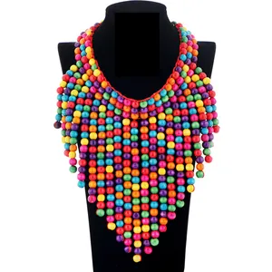 Beads Tassel Statement Necklace Design African National Style Handmade Colorful Wood New for Women Opp Bag Wooden Necklace X211