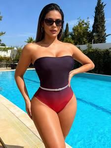 Traje de Baño Enterizo sin Tirantes para Mujer, Color Degradado, con Hebilla en la Cintura, Control de Abdomen, Bikini - Product Image 2