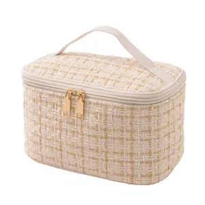 Multifunctional Fashion Plaid Tweed Makeup Bag Portable Large Capacity Ladies Toiletries Storage Cosmetic Bag
