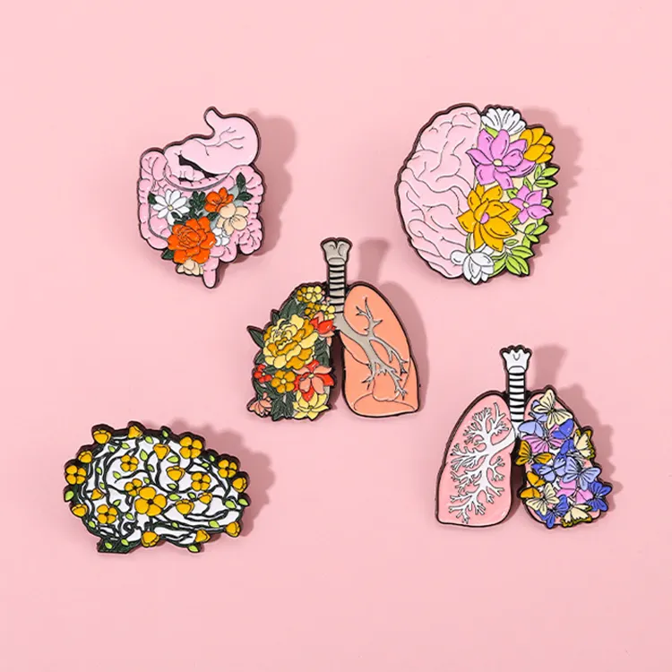 New brain image pin bone chest lung metal badge body parts flower soft enamel pin