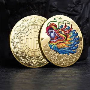 중국 용 럭키 공예 컬렉션 3d 컬러 24k 골드 실버 도금 동전 재고