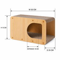 Maison-griffoir pour chat en carton ondulé avec panneaux latéraux en bois, entrée arrondie, montage facile, espace de repos confortable pour chats