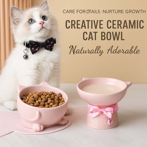 C-Shaped Padrão Sólido inclinada Cerâmica <span class=keywords><strong>Pet</strong></span> <span class=keywords><strong>Bowl</strong></span> Moderno Levantado Suporte De Madeira Fácil Limpo Design Destacável para Gatos Cães De Pequeno Porte - Product Image 4