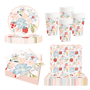 DAMAI Fournitures de décoration d'anniversaire sur le thème de la fraise, Assiettes en papier, Serviettes, Vaisselle jetable, Thème fruits pour anniversaire - Product Image 2