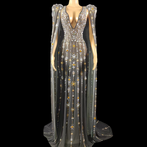Elegante Abito <span class=keywords><strong>da</strong></span> <span class=keywords><strong>Sera</strong></span> Lungo a Sirena con Perle <span class=keywords><strong>Trasparenti</strong></span> e Diamanti per Matrimoni, Balli di Gala, Feste di Compleanno e Occasioni Formali - Product Image 1