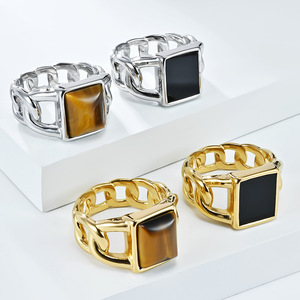 Geometric Openwork Cuban Chain <b>Ring</b> With Tiger Eye Stone For Men <b>Titanium</b> Steel Jewelry Gift - Product Image 1