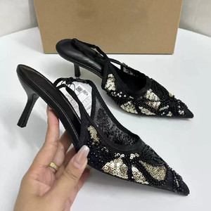 Chaussures décontractées de qualité pour femmes, sandales à talons pour femmes, noires et dorées, à paillettes, à bout ouvert, à bride arrière - Product Image 2