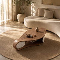 Table basse moderne en forme de feuille, en bois de noyer massif, avec étagère de rangement, pour salon de villa