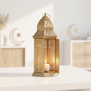Lanterne à bougie marocaine en métal doré 2027, à poser sur table et à suspendre, décorations de la maison pour le Ramadan - Product Image 1