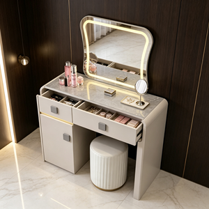 Coiffeuse moderne blanche avec miroir éclairé, tiroirs de rangement et armoire, table de maquillage pour chambre à coucher avec tabouret - Product Image 5