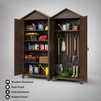 Abri de jardin en acier style chalet marron avec porte à persiennes, verrouillable, organisateur d'outils de jardin, étagère réglable, pour patio extérieur, vente en gros