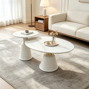 Ensemble de tables basses gigognes modernes avec accents or blanc, plateau en marbre, piédestal conique, style luxe léger, pour salon et hôtel - Product Image 3