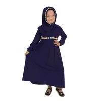 Gaun Lengan Panjang + Turban Dua Potong, Pakaian Musim Gugur Anak Muslim, Ritsleting Kerah O-neck, Gaun Lengan Panjang + Turban